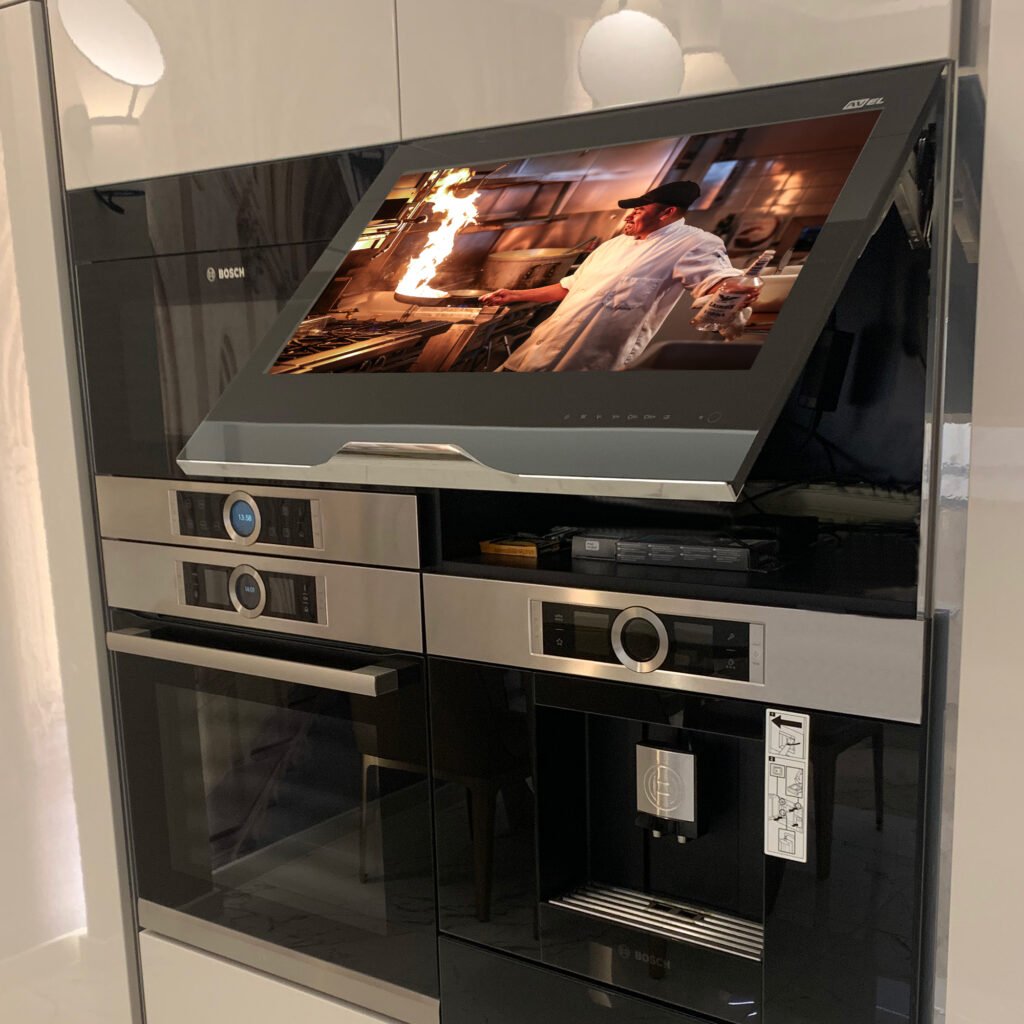 Parallel AV Kitchen Cabinet Televisions integrate directly into your modern kitchen cabinets