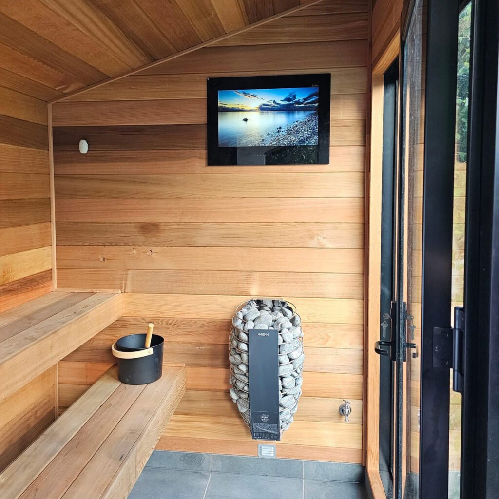 Sauna TV in a pine sauna
