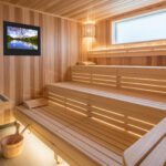 a large, bright sauna with a sauna TV installed