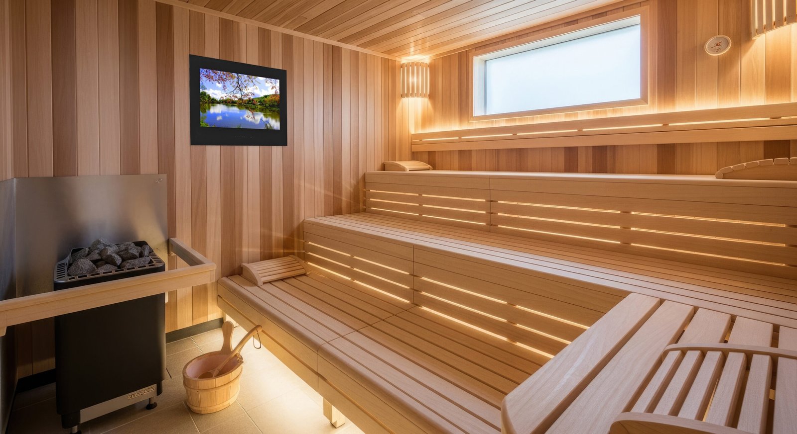 a large, bright sauna with a sauna TV installed