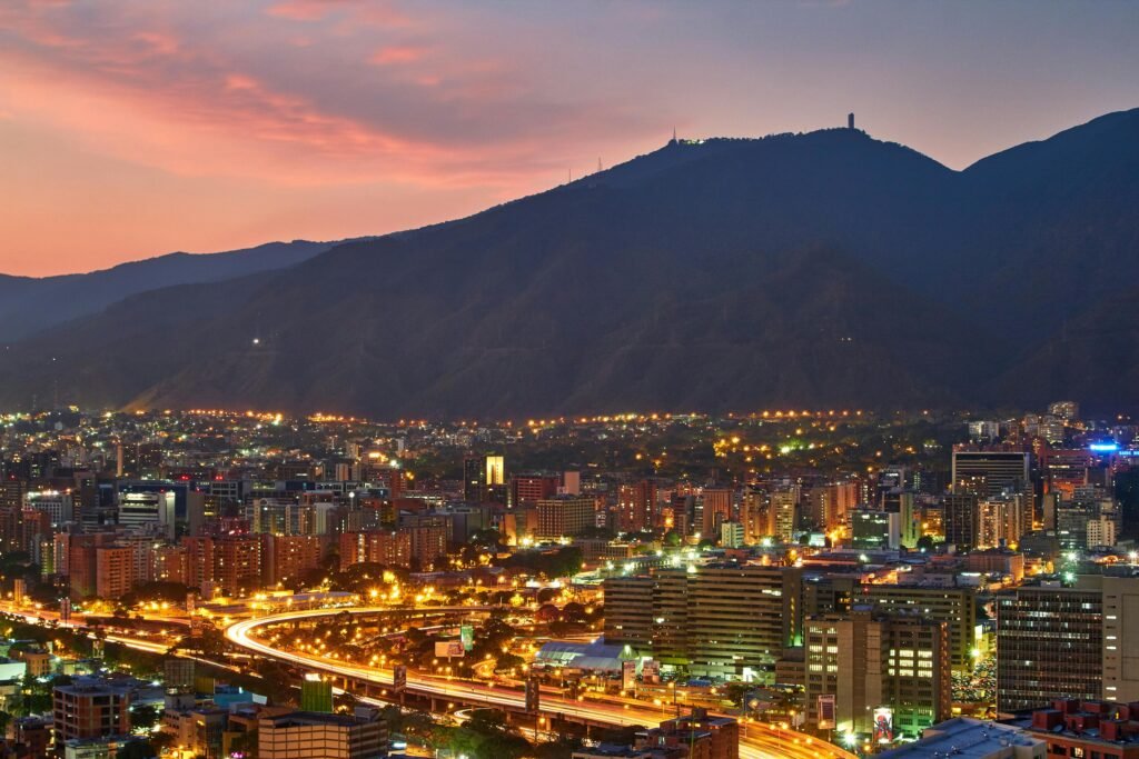 Caracas, Venezuela skyline at dusk with El Ávila mountain in the background