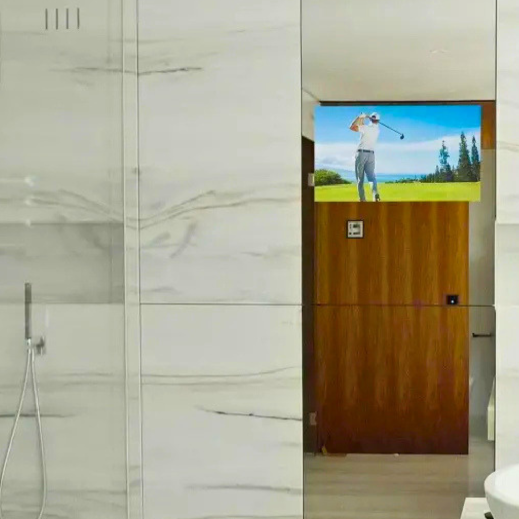 Shower TV in bathroom, flush to the wall
