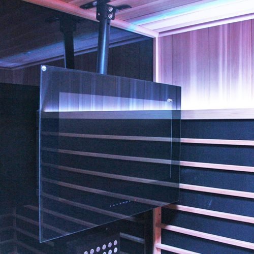 Sauna TV hanging from ceiling