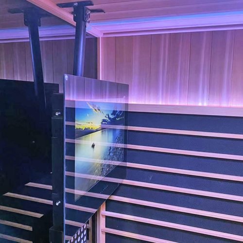 Sauna TV hanging from ceiling